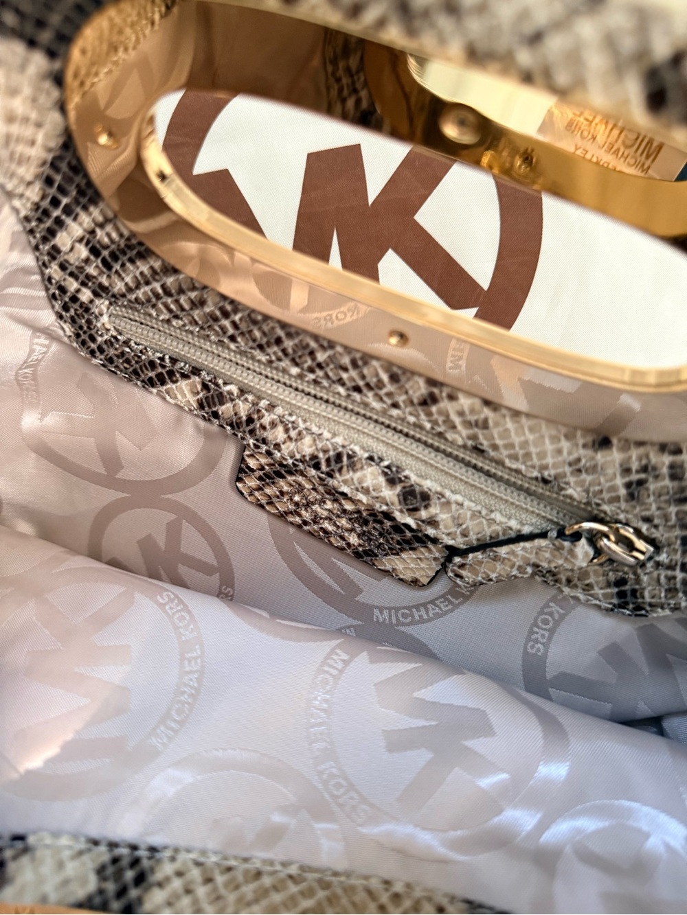 Michael Kors Snake-Print Clutch in Beige and Brown with Gold Handle - Picture 5 of 8